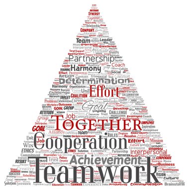 Vektör kavramsal ekip çalışması yönetimi üçgen ok kırmızı ortaklık fikri, arka plan başarı hedefi kelime bulutu izole. Kolaj iş stratejisi, işbirliği çözüm ya da takım kavramı tasarım grubu