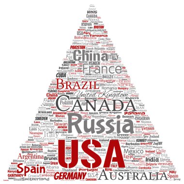 Vektör kavramsal dünya ülke ya da kıta üçgen kırmızı ok küresel birlik, tatil seyahat kelime bulutu arka plan izole. Uluslararası ulus coğrafya eğitim veya Turizm kavramı kolaj