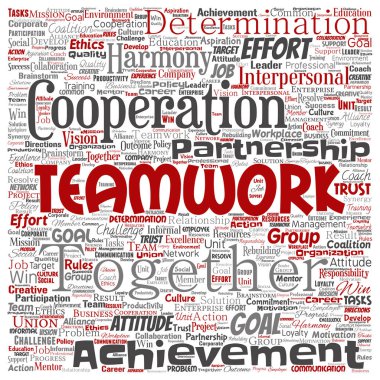 Kavramsal ekip çalışması yönetimi kare kırmızı ortaklık fikri veya başarı hedef sözcük vektör izole arka plan bulut. Kolaj bir iş stratejisi olarak grup işbirliği çözüm ya da takım konsept tasarımı