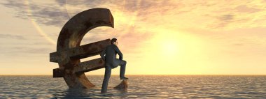 Kavramsal 3d resimde para birimi euro simgesini batan deniz, okyanus su ile iş adamı, Avrupa kriz afiş için günbatımı kavramı