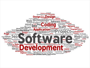 Kavram ya da kavramsal yazılım geliştirme projesi teknoloji soyut kelime bulutu kodlama arka plan izole. Uygulama web tasarım, seo fikir, uygulama, test yükseltme metin kolaj