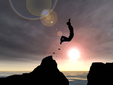 Kavram ya da kavramsal 3d resimde genç adam ya da işadamı siluet atlamak mutlu uçurumun üzerinden su gap gündoğumu veya günbatımı gökyüzü arka plan