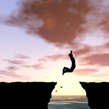 Kavram ya da kavramsal 3d resimde genç adam ya da işadamı siluet atlamak mutlu uçurumun üzerinden su gap gündoğumu veya günbatımı gökyüzü arka plan