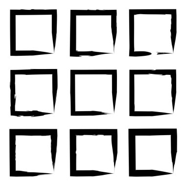 Koleksiyon veya sanatsal siyah boya el kümesi yaratıcı grungy fırça konturu kare kare veya beyaz arka plan üzerinde izole sınırları yaptı. Bir grunge eğitim kroki soyut yaratıcı mürekkep tasarım