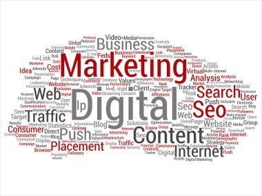 Kavram ya da kavramsal dijital pazarlama seo trafik soyut kelime bulutu arka plan üzerinde izole. İş, Pazar, içerik, arama, web itme, yerleşim, iletişim teknolojisi metin kolaj