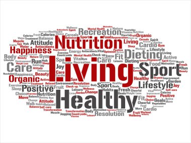 Kavram ya da kavramsal sağlıklı yaşam pozitif beslenme spor soyut kelime izole bulut arka plan. Mutluluk, bakım, organik, eğlence egzersiz, Güzellik, hayati sağlık spa metin kolaj