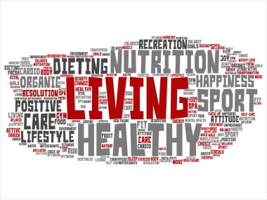 Kavram ya da kavramsal sağlıklı yaşam pozitif beslenme spor soyut kelime izole bulut arka plan. Mutluluk, bakım, organik, eğlence egzersiz, Güzellik, hayati sağlık spa metin kolaj