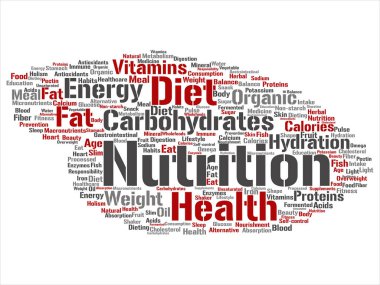 Kavram ya da kavramsal beslenme sağlık diyet soyut kelime izole bulut arka plan. Karbonhidratlar, vitaminler, yağ, ağırlık, enerji, antioksidanlar Güzellik Tıp, mineral, protein metin kolaj