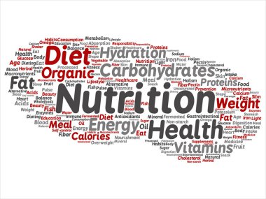 Kavram ya da kavramsal beslenme sağlık diyet soyut kelime izole bulut arka plan. Karbonhidratlar, vitaminler, yağ, ağırlık, enerji, antioksidanlar Güzellik Tıp, mineral, protein metin kolaj