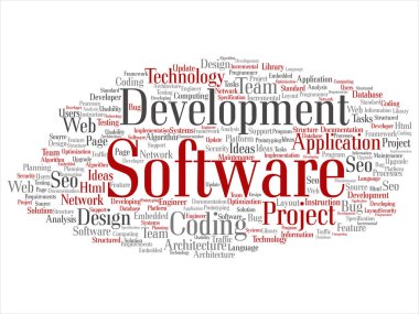 Kavram ya da kavramsal yazılım geliştirme projesi teknoloji soyut kelime bulutu kodlama arka plan izole. Uygulama web tasarım, seo fikir, uygulama, test yükseltme metin kolaj
