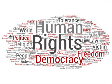Kavram ya da kavramsal insan hakları siyasi özgürlük, demokrasi soyut kelime bulutu arka plan izole. İnsanlık dünya hoşgörü, hukuk ilkeleri, insanlar adalet ayrımcılık metin kolaj