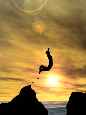 Kavram ya da kavramsal 3d resimde genç adam ya da işadamı siluet atlamak mutlu uçurumun üzerinden su gap gündoğumu veya günbatımı gökyüzü arka plan