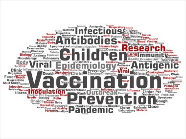 Kavram ya da kavramsal çocuk aşı viral önleme soyut kelime izole bulut arka plan. Bulaşıcı antijenik kolaj, antikor, epidemiyoloji aşı veya aşı metin