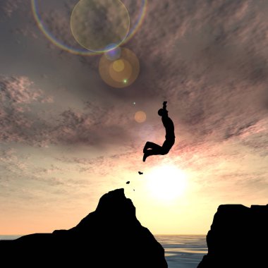 Kavram ya da kavramsal 3d resimde genç adam ya da işadamı siluet atlamak mutlu uçurumun üzerinden su gap gündoğumu veya günbatımı gökyüzü arka plan