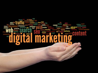 Kavram ya da kavramsal dijital pazarlama seo veya trafik soyut kelime bulutu içinde arka plan üzerinde izole el