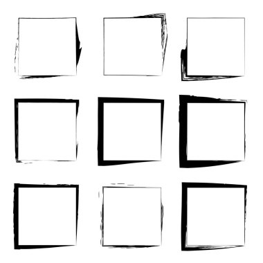 Koleksiyon veya sanatsal siyah boya el kümesi yaratıcı grungy fırça konturu kare kare veya beyaz arka plan üzerinde izole sınırları yaptı. Bir grunge eğitim kroki soyut yaratıcı mürekkep tasarım