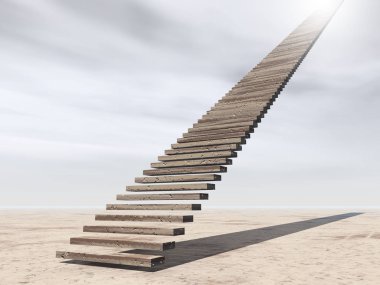 Kavram ya da kavramsal 3d illüstrasyon merdiven merdiven cennete çölde bulutlu gökyüzü arka plan üzerinde