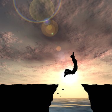 Kavram ya da kavramsal 3d resimde genç adam ya da işadamı siluet atlamak mutlu uçurumun üzerinden su gap gündoğumu veya günbatımı gökyüzü arka plan