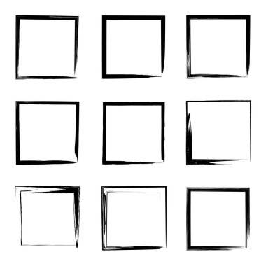 Koleksiyon veya sanatsal siyah boya el kümesi yaratıcı grungy fırça konturu kare kare veya beyaz arka plan üzerinde izole sınırları yaptı. Bir grunge eğitim kroki soyut yaratıcı mürekkep tasarım