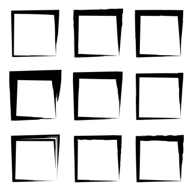 Koleksiyon veya sanatsal siyah boya el kümesi yaratıcı grungy fırça konturu kare kare veya beyaz arka plan üzerinde izole sınırları yaptı. Bir grunge eğitim kroki soyut yaratıcı mürekkep tasarım