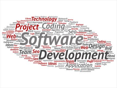 Kavram ya da kavramsal yazılım geliştirme projesi teknoloji soyut kelime bulutu kodlama arka plan izole. Uygulama web tasarım, seo fikir, uygulama, test yükseltme metin kolaj