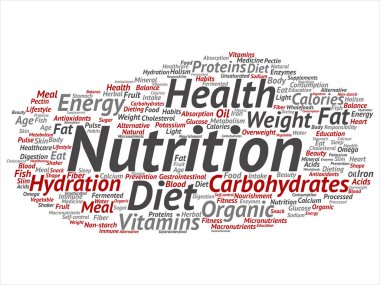 Kavram ya da kavramsal beslenme sağlık diyet soyut kelime izole bulut arka plan. Karbonhidratlar, vitaminler, yağ, ağırlık, enerji, antioksidanlar Güzellik Tıp, mineral, protein metin kolaj