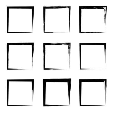 Koleksiyon veya sanatsal siyah boya el kümesi yaratıcı grungy fırça konturu kare kare veya beyaz arka plan üzerinde izole sınırları yaptı. Bir grunge eğitim kroki soyut yaratıcı mürekkep tasarım