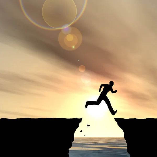 Concept Conceptual Illustration Young Man Businessman Silhouette Jump Happy Cliff — Stock Photo, Image