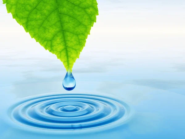 Concept or conceptual clean spring water or dew drop falling from a green fresh leaf on 3D illustration blue clear water making waves