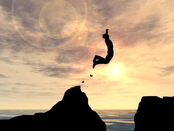 概念または概念 イラスト若い男性やビジネスマン シルエット ジャンプ幸せ水ギャップ日没や日の出の空の背景の上の崖から — ストック写真