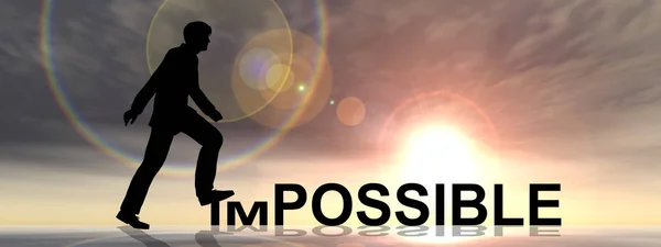 Kavram ya da kavramsal 3d illüstrasyon insan adam ya da olanaksız veya olası metin, gün batımı afiş üzerinde işadamı siyah siluet