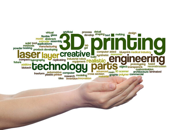 Concept or conceptual 3D printing creative laser technology abstract word cloud in hands isolated on background