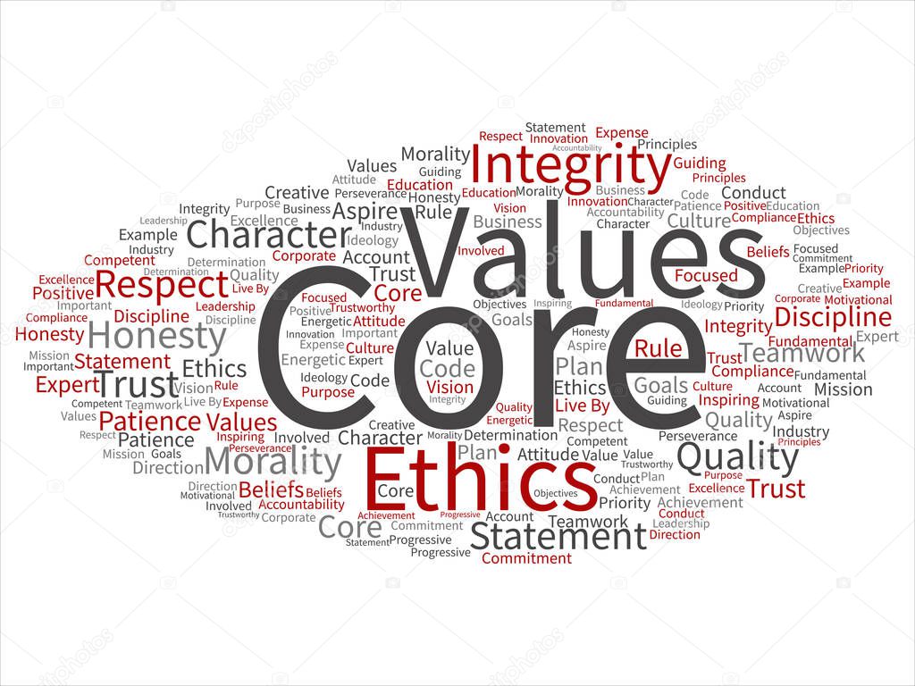 Conceptual core values integrity ethics abstract concept word cloud isolated background. Collage of honesty quality trust, statement, character, important perseverance, respect trustworthy text