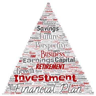Vektör kavramsal iş veya kişisel mali plan üçgen ok kırmızı finans strateji kelime izole bulut arka plan. Kolaj gelir para yatırım, gelecekteki emeklilik güvenlik konsept tasarımı