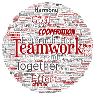 Vektör kavramsal ekip çalışması yönetimi yuvarlak daire kırmızı ortaklık fikri, başarı hedefi word cloud izole arka plan. Kolaj bir iş stratejisi olarak grup işbirliği çözüm ya da takım konsept tasarımı