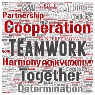 Kavramsal ekip çalışması yönetimi kare kırmızı ortaklık fikri veya başarı hedef sözcük vektör izole arka plan bulut. Kolaj bir iş stratejisi olarak grup işbirliği çözüm ya da takım konsept tasarımı