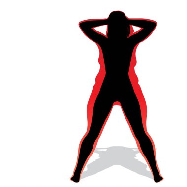Vektör kavramsal şişman kilolu obez kadın vs fit sağlıklı vücut kilo kaybını takiben ince ya da diyet izole kas ince olan kadın. Fitness, beslenme veya şişmanlık obezite, sağlık siluet şekli