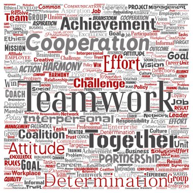 Kavramsal ekip çalışması yönetimi kare kırmızı ortaklık fikri veya başarı hedef sözcük vektör izole arka plan bulut. Kolaj bir iş stratejisi olarak grup işbirliği çözüm ya da takım konsept tasarımı