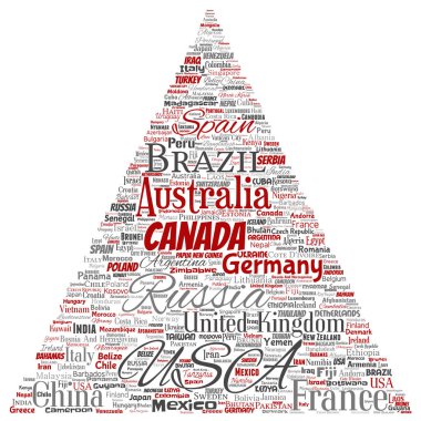 Vektör kavramsal dünya ülke ya da kıta üçgen kırmızı ok küresel birlik, tatil seyahat kelime bulutu arka plan izole. Uluslararası ulus coğrafya eğitim veya Turizm kavramı kolaj