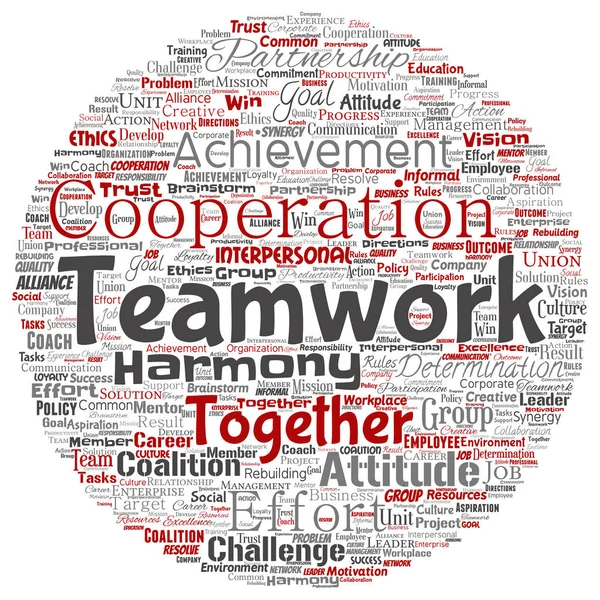 Vektör kavramsal ekip çalışması yönetimi yuvarlak daire kırmızı ortaklık fikri, başarı hedefi word cloud izole arka plan. Kolaj bir iş stratejisi olarak grup işbirliği çözüm ya da takım konsept tasarımı