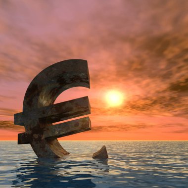 Kavramsal 3d örnek para birimi euro simgesini veya su, deniz ya da okyanus günbatımı arka plan kavramı Avrupa kriz için batan erkek
