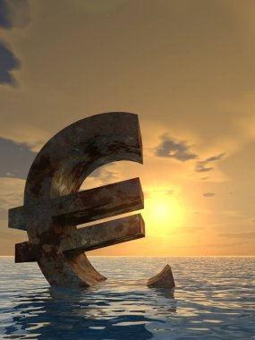 Kavramsal 3d örnek para birimi euro simgesini veya su, deniz ya da okyanus günbatımı arka plan kavramı Avrupa kriz için batan erkek
