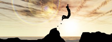 Kavram ya da kavramsal 3d resimde genç adam ya da işadamı siluet atlamak mutlu uçurumun üzerinden su gap gündoğumu veya günbatımı gökyüzü arka plan afiş