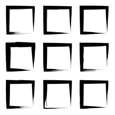 Koleksiyon veya sanatsal siyah boya el kümesi yaratıcı grungy fırça konturu kare kare veya beyaz arka plan üzerinde izole sınırları yaptı. Bir grunge eğitim kroki soyut yaratıcı mürekkep tasarım