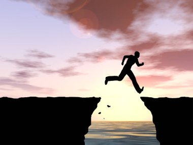 Kavram ya da kavramsal 3d resimde genç adam ya da işadamı siluet atlamak mutlu uçurumun üzerinden su gap gündoğumu veya günbatımı gökyüzü arka plan