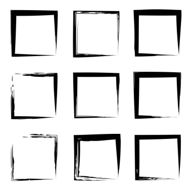 Koleksiyon veya sanatsal siyah boya el kümesi yaratıcı grungy fırça konturu kare kare veya beyaz arka plan üzerinde izole sınırları yaptı. Bir grunge eğitim kroki soyut yaratıcı mürekkep tasarım