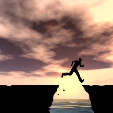 Kavram ya da kavramsal 3d resimde genç adam ya da işadamı siluet atlamak mutlu uçurumun üzerinden su gap gündoğumu veya günbatımı gökyüzü arka plan