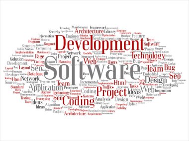 Kavram ya da kavramsal yazılım geliştirme projesi teknoloji soyut kelime bulutu kodlama arka plan izole. Uygulama web tasarım, seo fikir, uygulama, test yükseltme metin kolaj