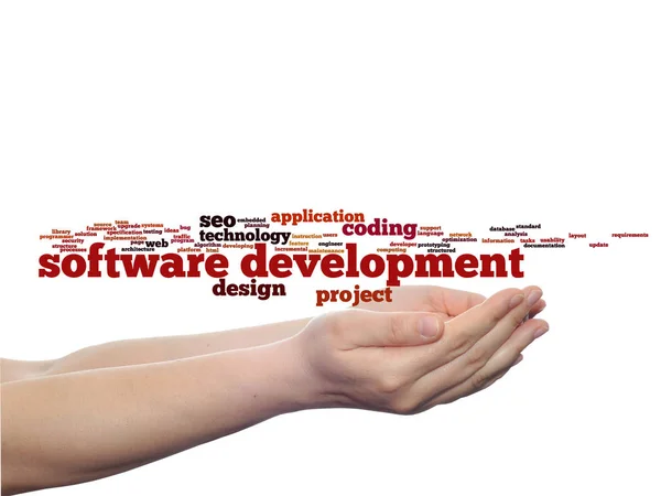 概念または概念のソフトウェア開発プロジェクトの背景に分離の手で技術抽象的な単語の雲をコーディング — ストック写真