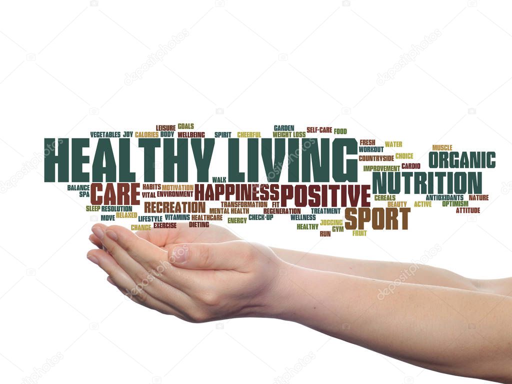 Concept or conceptual healthy living positive nutrition or sport abstract word cloud in hand isolated on background